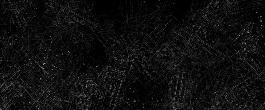 Abstract blueprint design displaying detailed architectural plans and technical sketches on a black background