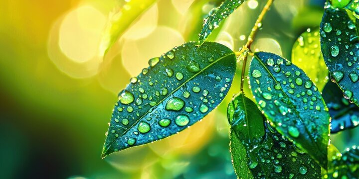 A green leaf with water droplets on it, set against a blurred green background with bokeh effect.