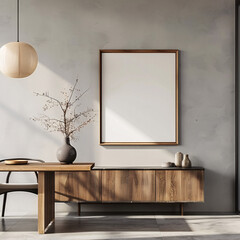 Modern scandinavian living room interior with frame mockup poster, leaf in vase, and elegant accessories