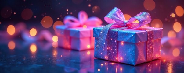 Luminous gift boxes, iridescent ribbons, ethereal shine , boxes, iridescent