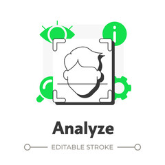 Analyze events flat outline concept icon. Physical security ecosystem. Evaluating data from detection systems. Modern line illustration with green glyphs. Conceptual visual. Easy to edit