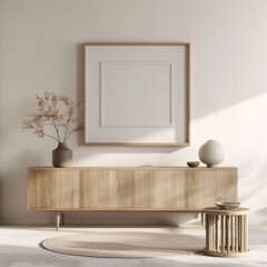 Modern scandinavian living room interior with frame mockup poster, leaf in vase, and elegant accessories