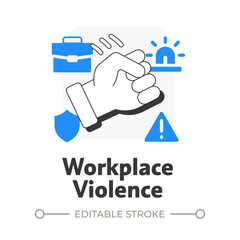 Fototapeta premium Workplace violence flat outline concept icon. Physical security threat and risk. Damage of equipment and supplies. Modern line illustration with blue glyphs. Conceptual visual. Easy to edit