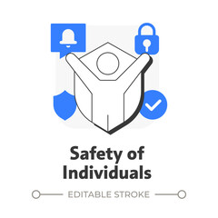 Fototapeta premium Safety of individuals flat outline concept icon. Benefit of physical security. Protecting people from threats. Modern line illustration with blue glyphs. Conceptual visual. Easy to edit