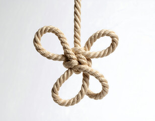 Obraz premium Minimalist Beige Twine Loop Knot Suspended Mid-Air Against White Background