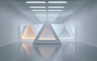 Pure White Minimalist Space: Levitating Triangular Symmetry, Top Fluorescent Lights and Perspective, Ultra-Detailed Rendering