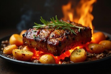 Juicy roasted meat, golden potatoes on glowing embers, countryside setting, countryside
