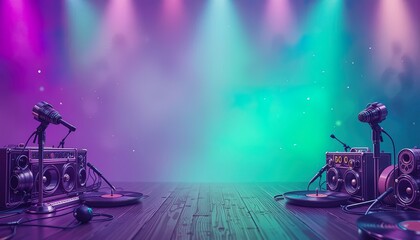 Obraz premium Vintage sound system on a stage bathed in vibrant lighting.