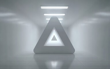 Futuristic Hyper-Real Environment: Shadowless White Space with Levitating Triangles, Low-Angle Symmetric Composition