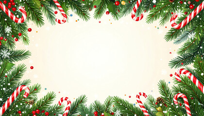 Winter frame with pine garlands, candy accents, and falling snow creates festive atmosphere