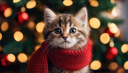 Fluffy Kitten Wrapped in Red Scarf Amidst Festive Christmas Tree, Cuddly Adorable Furball Radiating Holiday Cheer and Warmth.