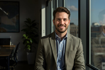 Portrait of confident young businessman with friendly smile standing indoors in bright office, wearing blazer and shirt, looking proud and relaxed with natural sunlight background