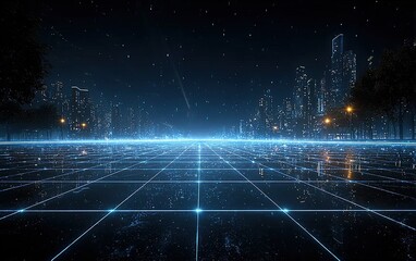 Futuristic Abstract Background: Blue Glow Digital Grid and City Skyline on Dark Night, 4K Ultra-Realistic Vector