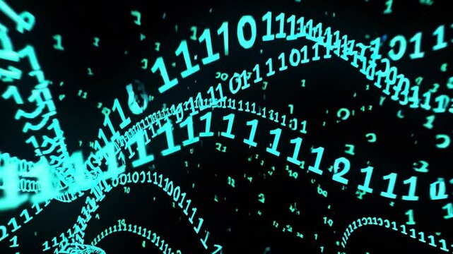 Digital visualization reveals data flowing through an abstract network in a dark environment with glowing binary code