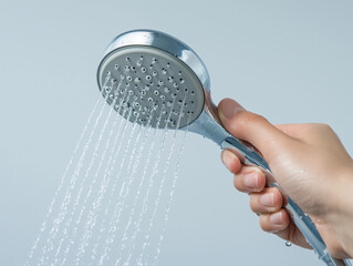 hand holding a shower head with water on a white background 