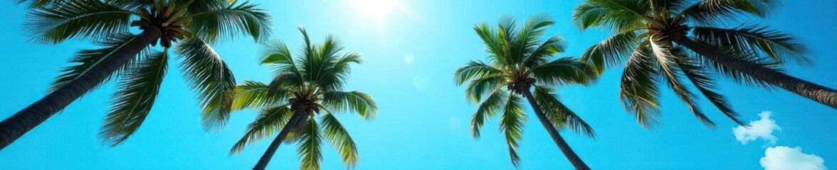 Fototapeta premium Stunning low angle shot of coconut palms silhouetted against a brilliant blue sky , looking, palm trees, flora