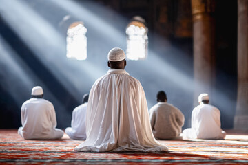 A group of men in white traditional attire praying in a mosque during Eid Mubarak. Sunlight streams through the windows, creating a serene atmosphere.