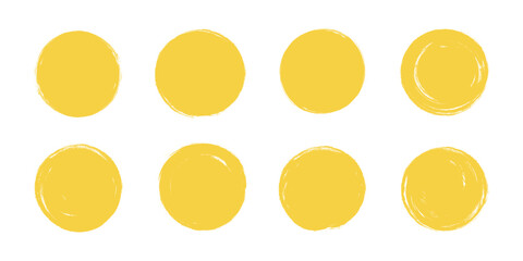 Hand drawn Japanese yellow circles. Asian crayon brush sun. Japan round set. Rough grunge frames, watercolor borders, scribbles. Ink brush Chinese paint. Calligraphy sunset icons. Isolated vector illu