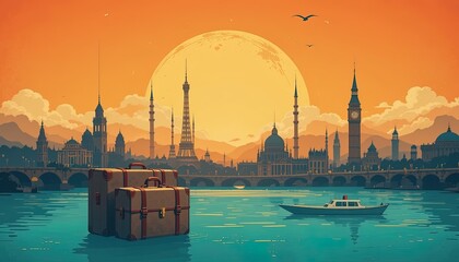 Naklejka premium Vintage suitcases float on a river in front of a cityscape at sunset.