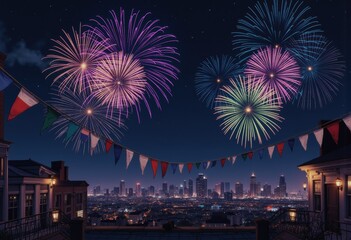 Colorful fireworks and flag bunting celebrating the Fourth of July