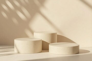 Three minimalistic beige product display platforms with natural shadows providing aesthetic visual for mockups and presentations.