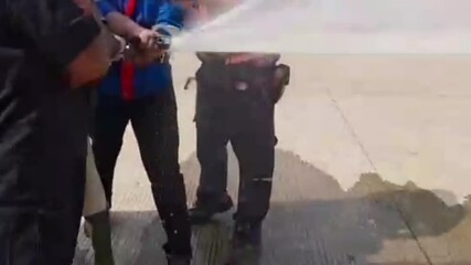 Firefighters are practicing spaying water