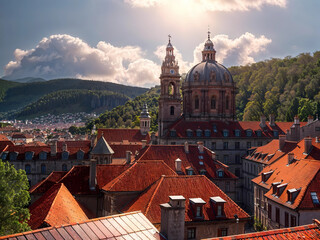 rooftop tiles cityscape of Prague Czechia with historic dome sunny