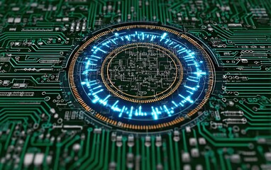 Blue-Green Tech Flat Lay: Circuit Board and Data Center Elements Around Glowing Circle, Digital Template