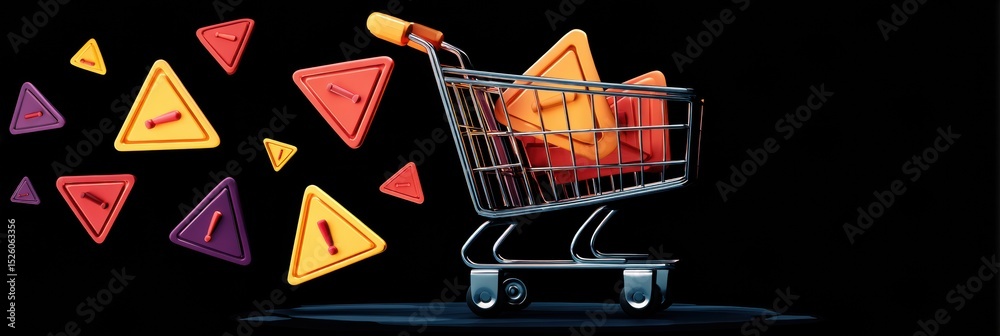 Aufkleber Animated Alert Icons Interact With a Shopping Cart Display on a Blank Background
