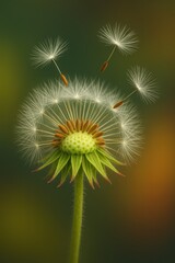 Obraz premium Close up shot of a dandelion clock head with seeds dispersing in the soft focus blurred background depicts nature�s delicate beauty.