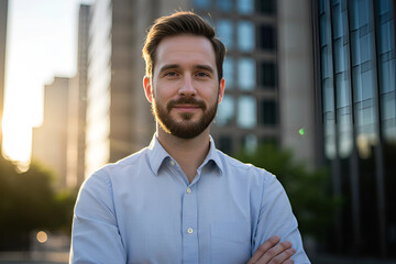 Positive caucasian businessman smiling confidently during golden hour outside office building for personal branding and professional use in corporate marketing presentation