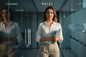 Smiling caucasian female executive in smart outfit confidently posing inside modern glass office corridor for corporate branding and professional profile visual communication
