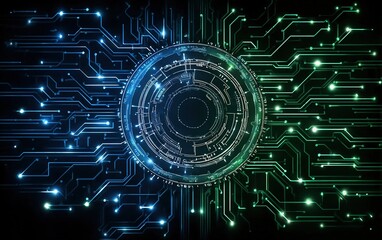 Blue green hue circuit board abstract background, glowing dots around circular center, high-tech digital element, perfect for data visualization and innovation projects.