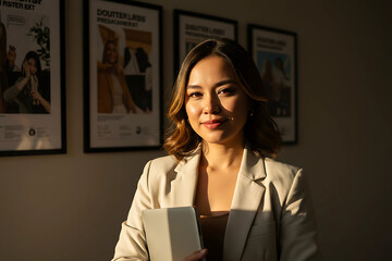 Smiling asian businesswoman in beige blazer sitting inside creative office with warm lighting for career branding and professional use in marketing, HR, and leadership content