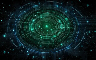 High-tech blue green circuit board digital background, circular center with glowing dots connection, ideal for tech websites and electronic displays, futuristic.