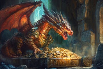 Cyborg dragon guards a massive treasure hoard in a mystical cave illuminated by faint light