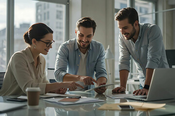 group multicultural professionals in smart casual attire collaborating around desk with laptops and notes in creative office for startup teamwork and innovative project development scene