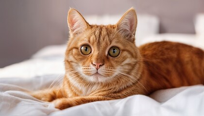 Adorable Ginger Cat Lounging on Bed with Soft Expressive Eyes, Showcasing Cozy Warmth and Playful Energy in a Casual Living Space.