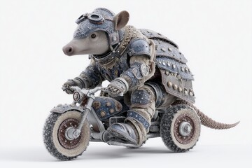 A funky armadillo in armored biking gear rolling through snow race on solid white background, durable and fast, frosty challenge.