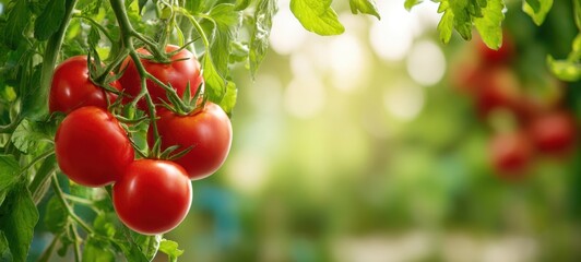 Obraz premium The vibrant red tomatoes growing in a lush green garden setting.