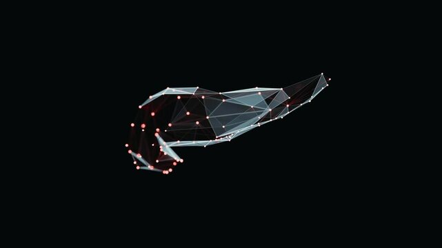 3d animation of a vibrant, low-poly pancreas turn-table over dark background. Pancreas wireframe made of light points. Seamlessly loopable video