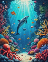 Underwater party scene with vibrant sea creatures and colorful bubbles
