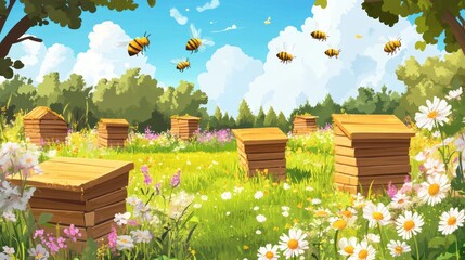 Beekeeping in a Summer Meadow: A Vibrant Illustration of Honeybees and Hives