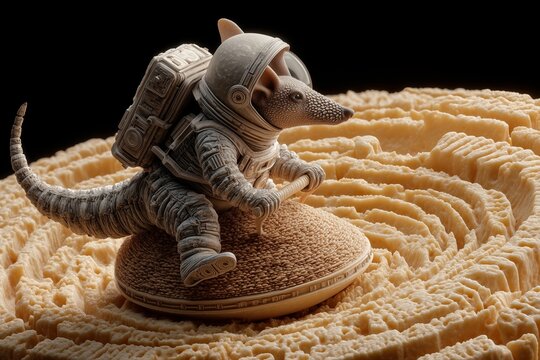 A funky armadillo in astronaut helmet riding a space hopper on the moon&acirc;&euro;&trade;s cheese surface, cosmic silliness.