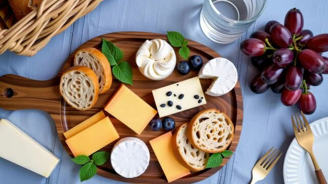 An elegant cheese platter with assorted cheeses, bread slices, grapes, blueberries, herbs, and a glass of water on a wooden serving board.