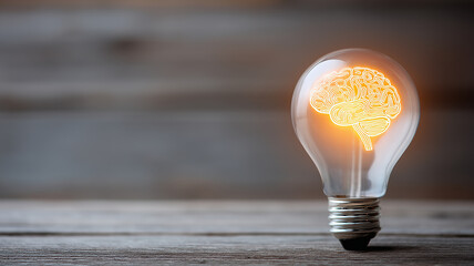 Creative concept of brain shaped filament glowing inside clear light bulb on wood