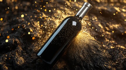 A dark elegant wine bottle resting amidst a cascade of golden light evoking luxury and celebration with a