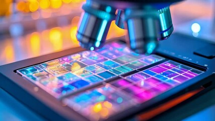 Microscope over a multicolored array of optical lenses, examining for genetic research and vaccine development for new age science