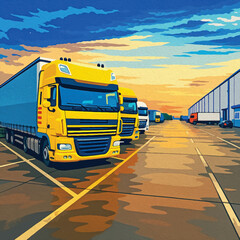 Adobe Illustrator Artwork Logistics Hub at Sunset: Fleet of Trucks Ready for Delivery