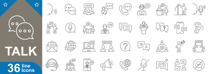 Talk line icons set with editable stroke. Collection of outline style chat, message, speech bubble, communication, dialogue, voice call, conversation and more. Vector illustration